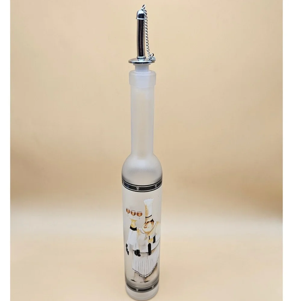 Frosted Glass Bottle w/ Stainless‎ Steel Pour Spout and Chain Stopper Decorative